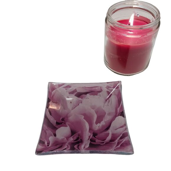 Glass Candle Drip Dish Plate 4" ROSE PETALS Violet Pink Square Romantic Vintage - Picture 7 of 16